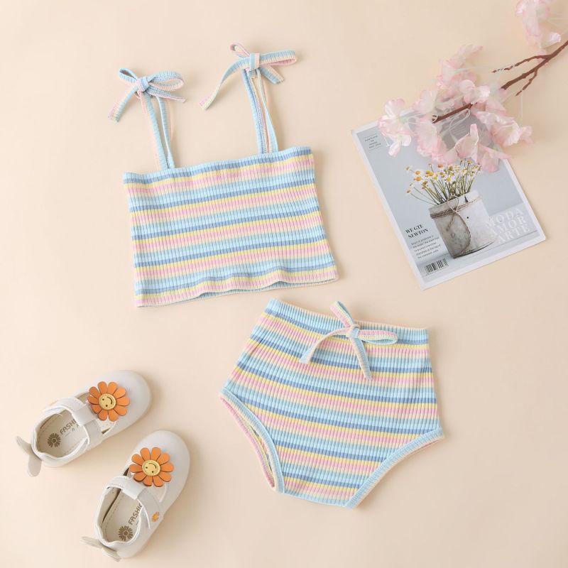 Conyson Hot Sale Ins Fashion Kids Clothes Outwear Summer New Rainbow Stripe Suspender +Shorts 2Pcs Baby Girls Clothing Set