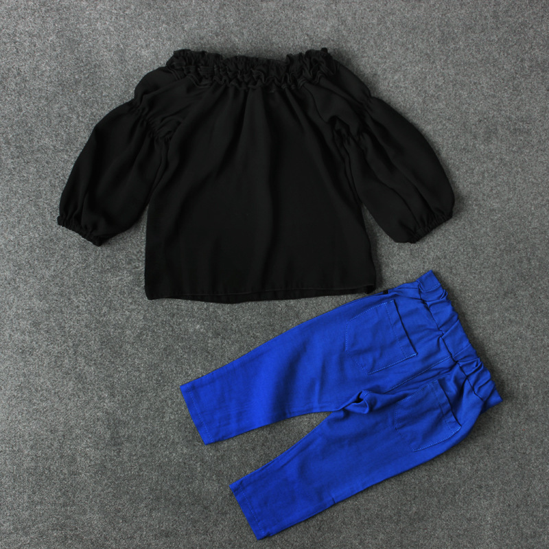 Hot-selling Chiffon Collar Kids Off Shoulder Outfit Girls Boutique Clothing Two Piece Set Children