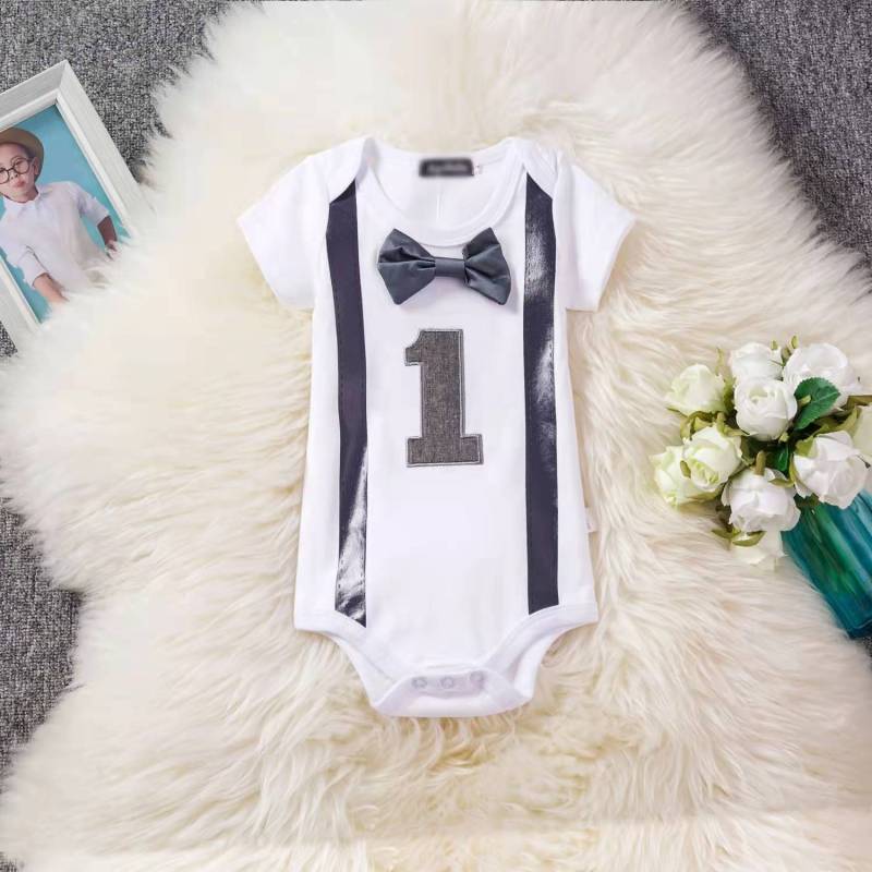 Conyson Summer Short Sleeve Gentleman Bowknot 12 Months Boy Outfits First Birthday Party Toddler Baby Boys Printed Rompers