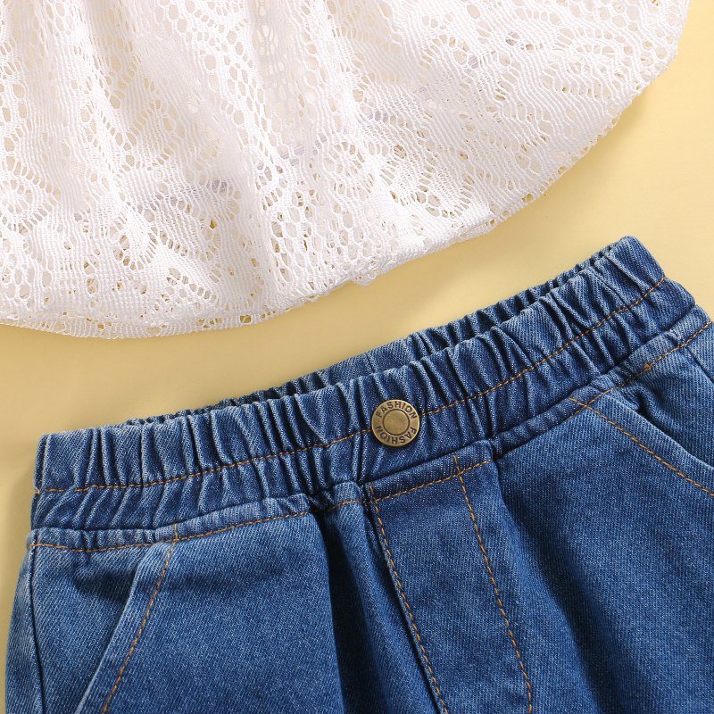 Conyosn New Hot Sale Summer Fashion Baby Girls Clothes Sets 2pcs Lace Floral Off Shoulder Short Sleeve T-Shirts Blue Denim Pants