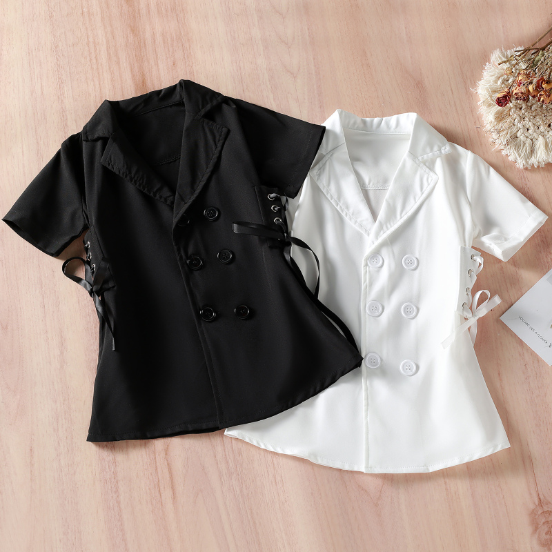 Conyson Summer Black White Jacket Solid Dress Short Sleeve Lapel Buttons Bandage Waist Blazer Baby Girls Clothes Dresses