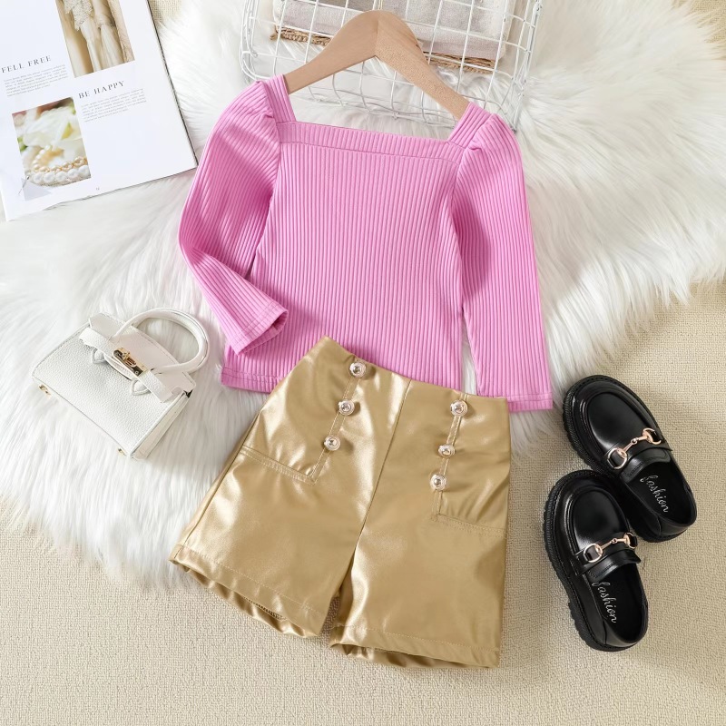 Conyson Hot Wholesale Europeon Style Fashion Square Collar Stripe Sweater PU Nail Button With Pocket Little Girls Fall Clothes
