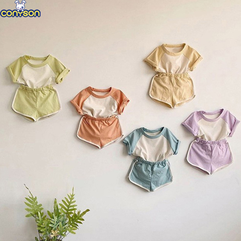 Conyson Wholesale Hot Fashion Cotton Summer Worsted Kids Clothes Summer Sleeve Baby Boys Girls Outfits Cotton Two Piece Clothes