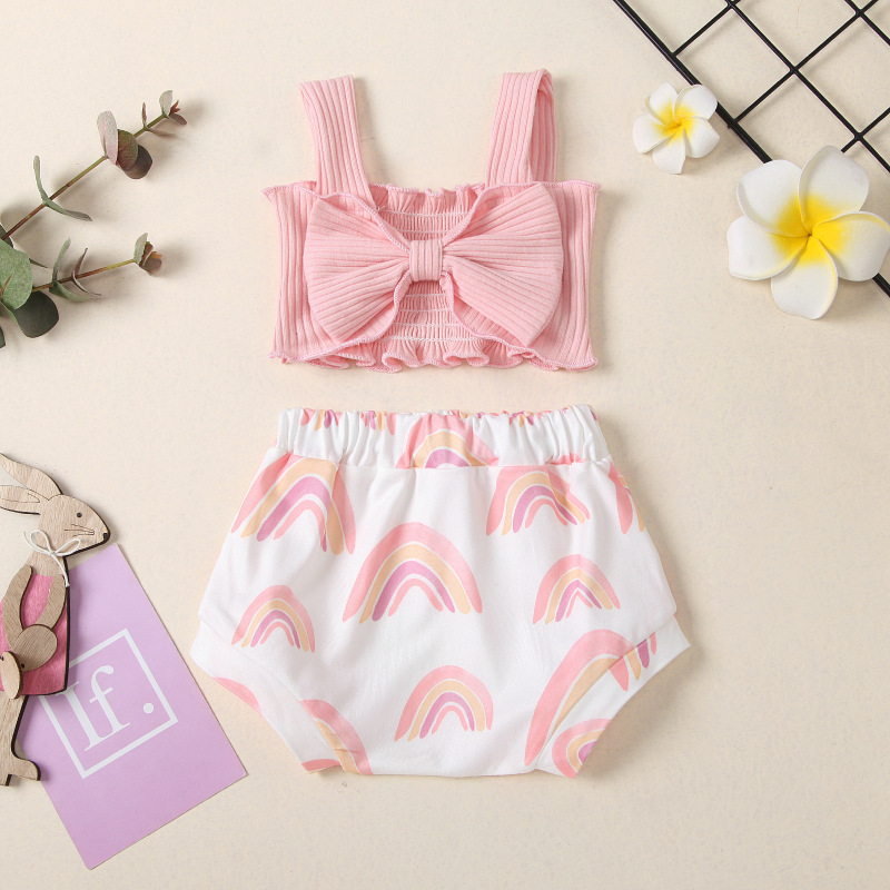 Conyson Wholesale Cotton Gauze Infant Flutter print bowknot Suit Baby kids girls Summer Clothing Rompers Sleeveless rompers