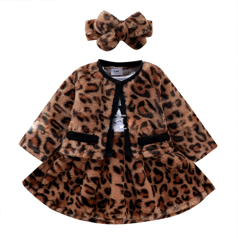 Baby Girl Autumn Princess Leopard Print Dress Suit Letter Stitching Leopard Print Jacket Suit 3pc Set