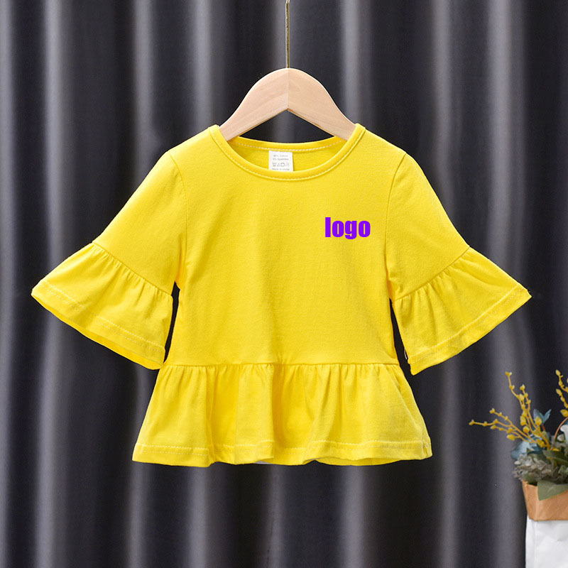 Conyson boutique custom logo made Korean teen kids Fashion pure color fold wide sleeve wear Girl clothing one piece girl T-shirt