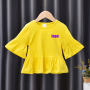 Conyson boutique custom logo made Korean teen kids Fashion pure color fold wide sleeve wear Girl clothing one piece girl T-shirt