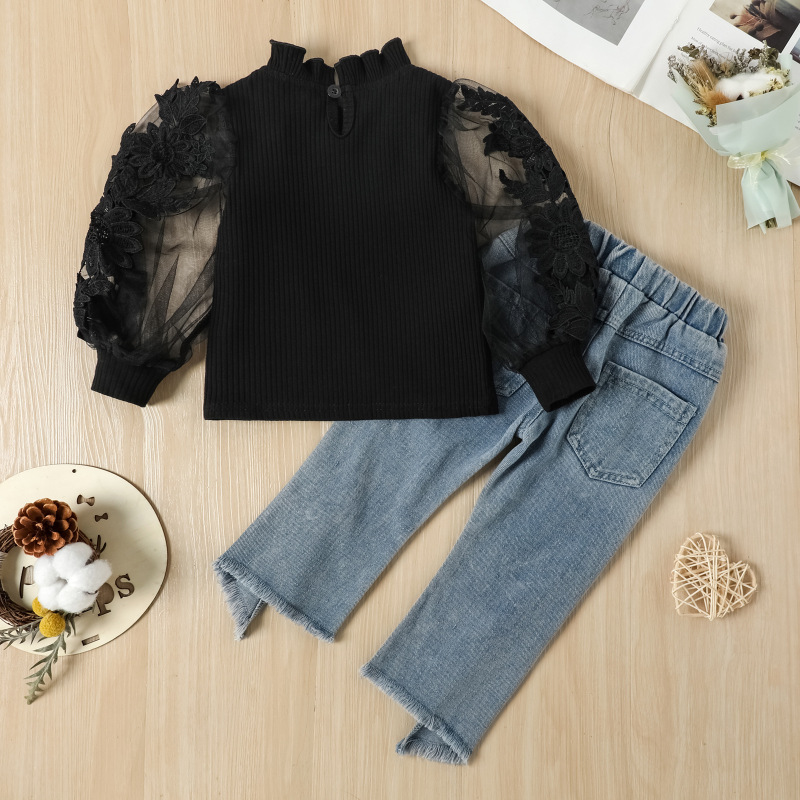 2022 Toddler Kids Girls Autumn Outfits Dots Ruffles Off Shoulder Long Sleeve Shirts Ripped Hole Flare Jeans Children Clothes Set