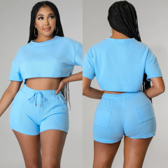 Wholesale rts fashion Custom logo Women solid Color Sportswear two-piece Ladies t-shirt Shorts Clothing Suit Summer Clothes set