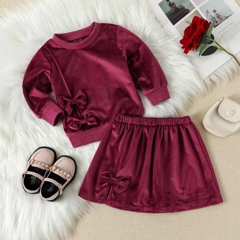 Conyson Pink Long Sleeve Sweater Bowknot Skirt 2 Piece Kids Girls Clothing Set Thick Hoodie Winter Children Girls Solid Outfits