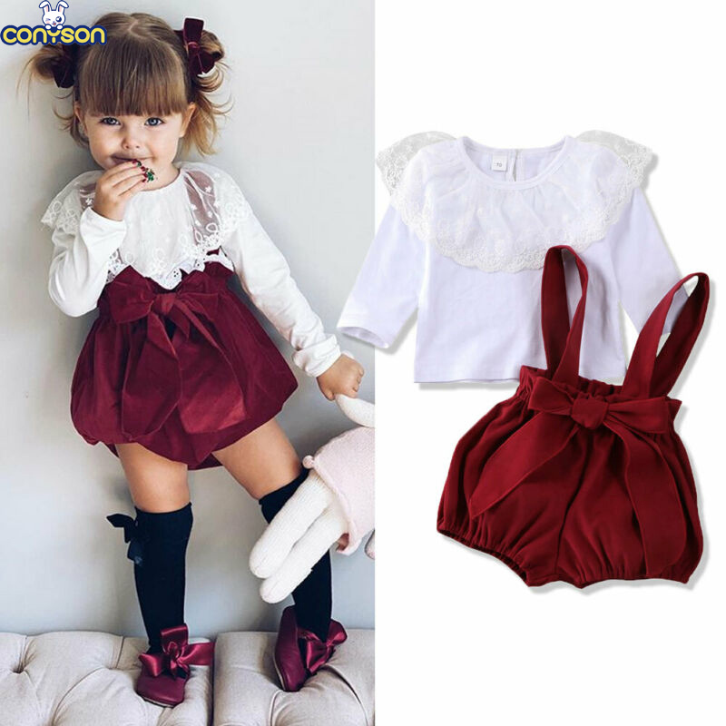 Comyson Spring Infant Baby Girls Yarn Lotus Lace Round Neck Blouse+Strap Bowknot Lantern Shorts Children Girls Clothing Set