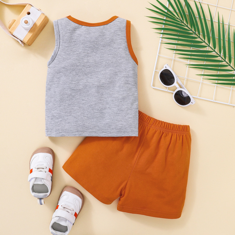 Conyson Wholesale Summer Kids Boy Clothing Set Printing Logo Sleeveless Vest Hole Shorts Cotton 2 Piece Boy Clothes Set