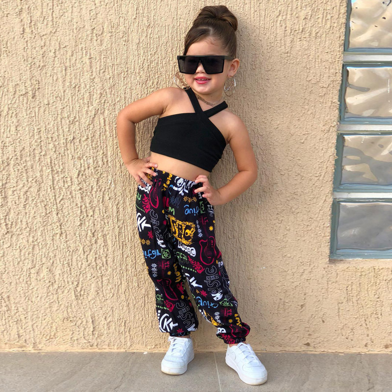 Conyson Newest 2023 Black Sleeveless Slip Short Top+Long Scrawl Pants Colorful Summer Baby Girl 2 Pieces Kids Clothing Girl Sets