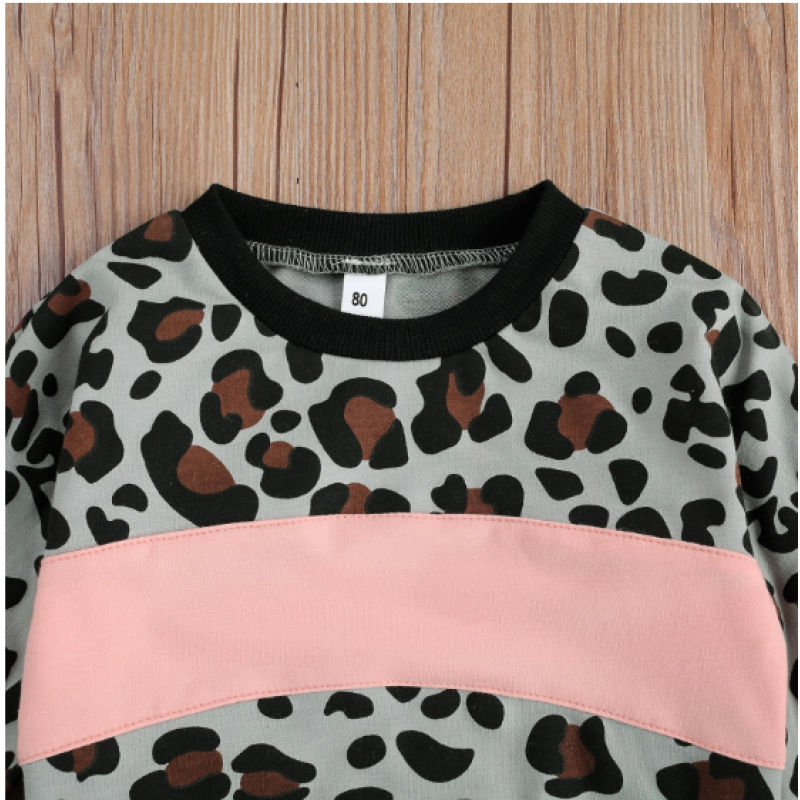 Conyson Girl's Two Piece Set Children's Leopard Printed Color Block Crew Neck Long Sleeve Pullover Pants Set