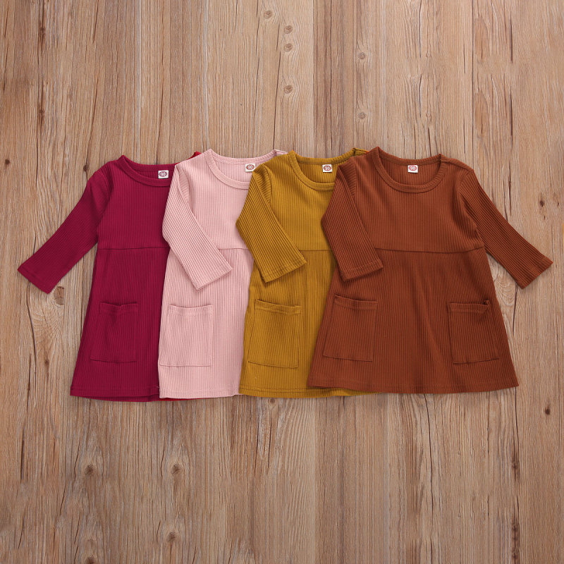 Conyson Spring Cotton Causal Kids Clothes Infant Baby Girls Knit Three Quarter Sleeve Solid Pocket Princess Flower A-line Dress