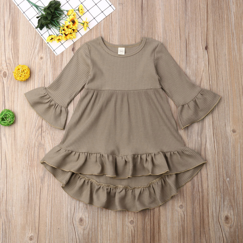 Conyson Hot Sale Princess Kids Clothes Baby Girls Flower Skirt Knitted Solid Long Flared Sleeve Ruffle Tutu Wedding Party Dress