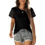 Conyson Hot Sale Spandex Polyester Fashion Lace Shirring 6 Colors Women Customizable Blank Casual T Shirt Women's T-shirts
