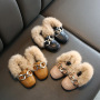 2021 Custom Winter Party Black Children Wholesaler Little Toddler Baby Girl Kids Flats Fur Dress Children's Casual Shoes