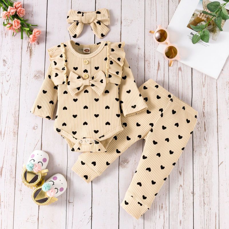 High Quality Children's Love Bow Costume Baby Long Sleeved Triangle Jumpsuit Baby Romper With Headwear