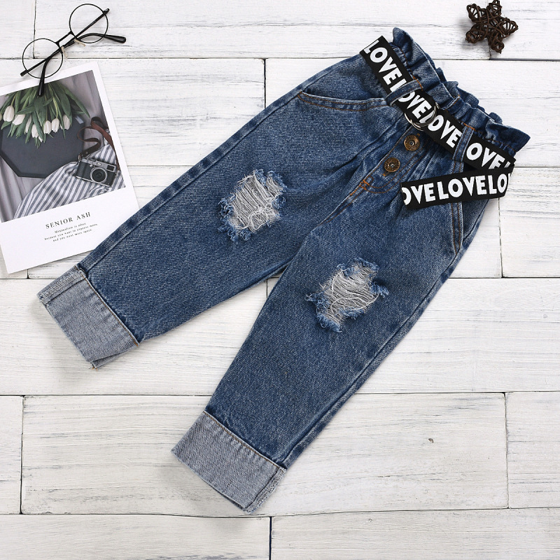 Summer Black Cotton Printed Letter T-shirt Button Hole Denim Trouser Belt Outfit Girls 2pcs Set