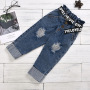 Summer Black Cotton Printed Letter T-shirt Button Hole Denim Trouser Belt Outfit Girls 2pcs Set