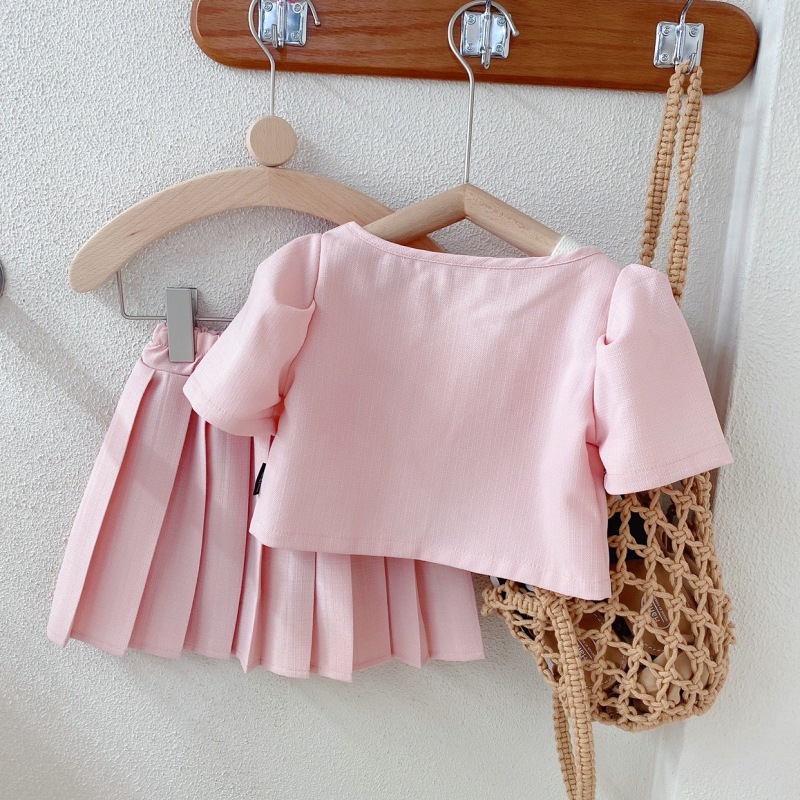 Conyson hot sale fashion summer Latest korean design Style pleated Skirt Set Toddler Girl Pink Kids bowknot 2 pieces clothes Set