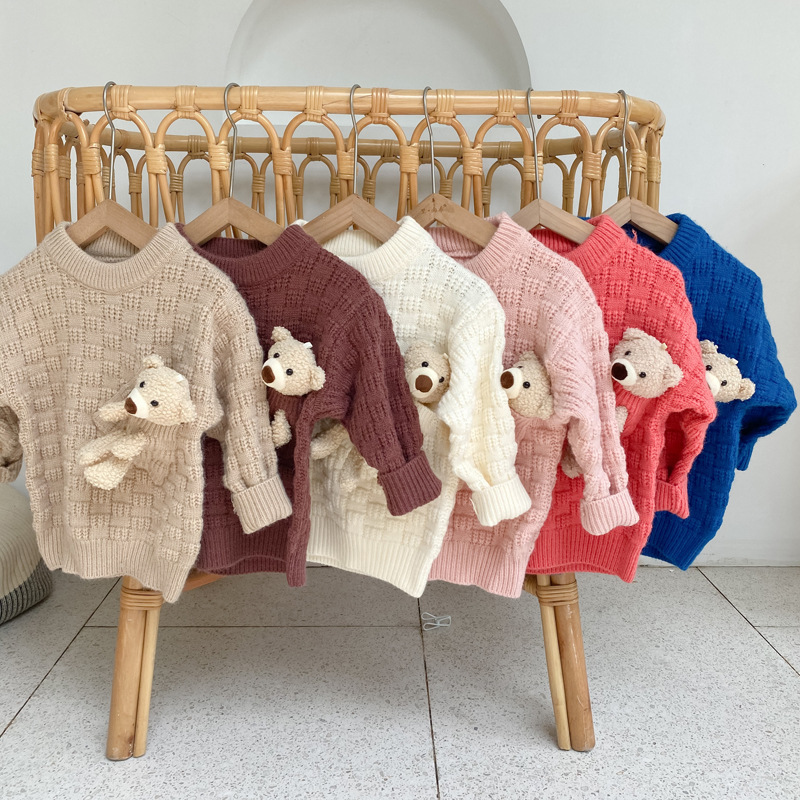 Spring Cute Bear Pocket Toddler Girls Pullover Sweater Solid Color Custom Kids Knit Sweaters Kids Wholesale Sweater