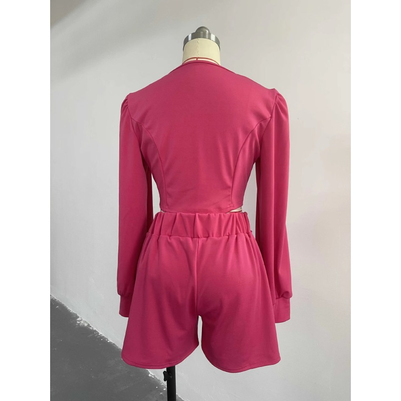 Conyson New Arrivals Spring Autumn Plain Crop Top Hollow Out Comfy leisure Wear Women's Polyester Set 2-piece Button Short Set