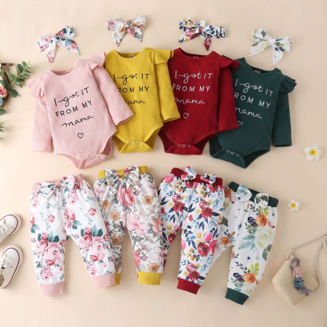 Winter Autumn Baby Girl Strip Embroidered Organic Cotton Letters Sleeve Clothes Set Three-piece Suit