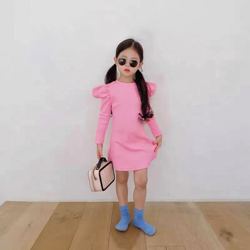 Conyson Wholesale Spring Korean girls knitted elastic slim dress Flutter sleeve candy-colored T-shirt baby dress