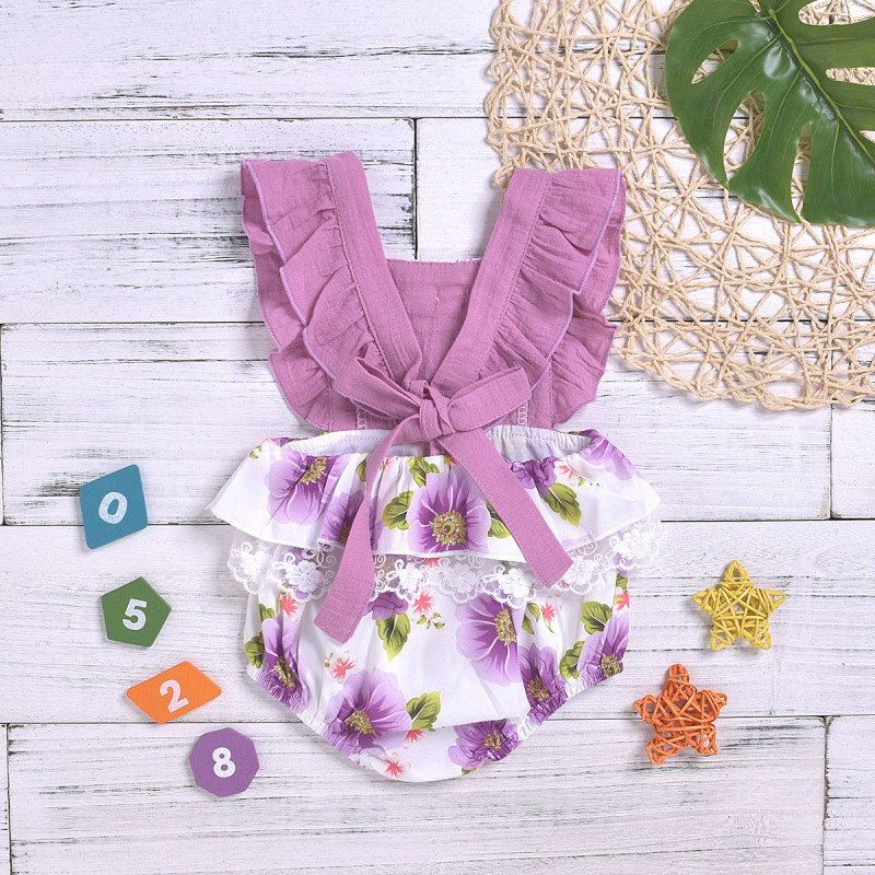 Conyson Hot Sale New Designer European Kids Clothes Princess Sleeveless Jumpsuit Flower Print Hairball Lace Baby Girls Rompers
