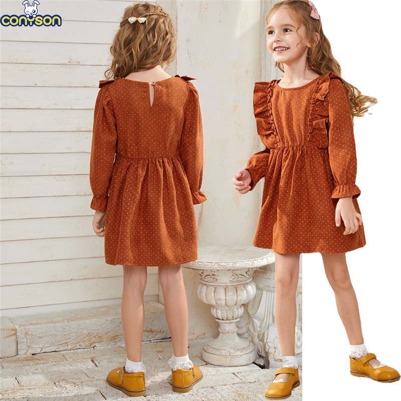 Conyson Wholesale New Kids Clothes Casual Minimalist Style Solid Linen Lace Summer Girls Clothing Ruffles Dot Little Girls Dress