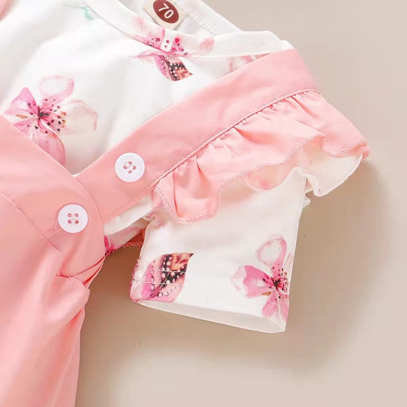 Conyson New Design Wholesale Summer Organic Cotton Short Sleeve Floral Patterns Cute Pink 3pcs Baby Girls Set