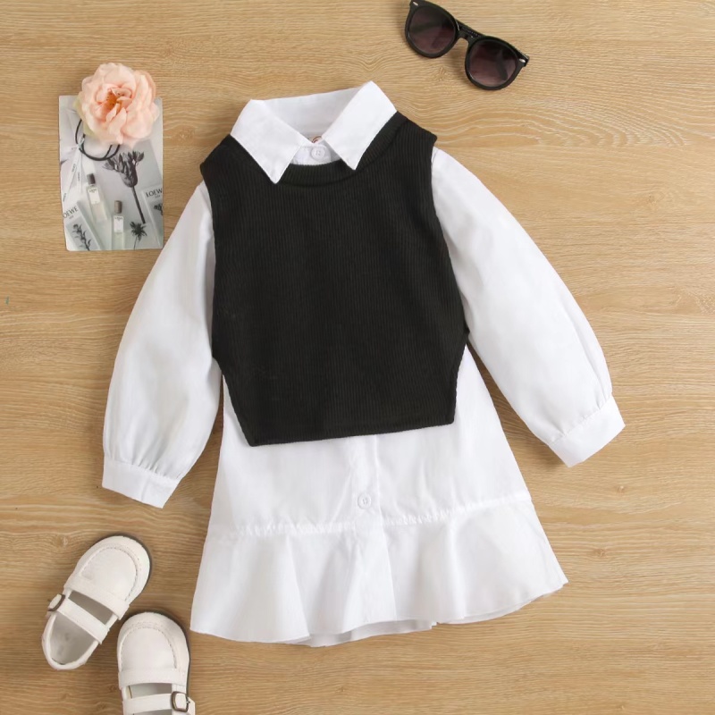 Conyson Hot Sale Vest+Shirt Dresses 2 Piece Kids Clothes Set Elegant Solid Button Shirts Children Fashion Outfits