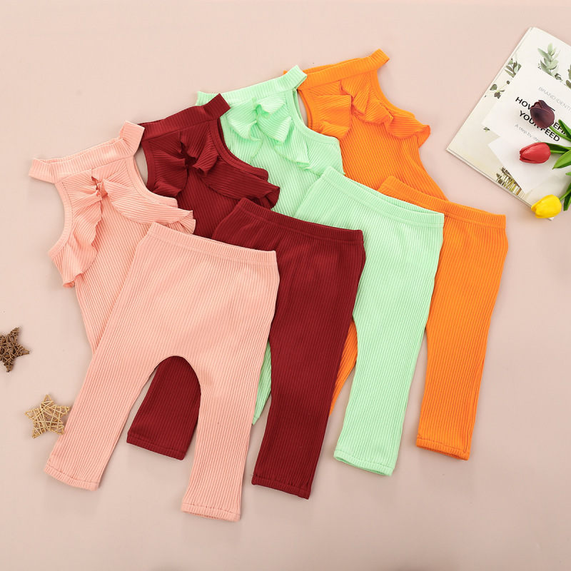 Explosion style childrens piece suit Lovely baby summer clothes set girls ruffle shoulder shirt pants 2pcs outfit girls set