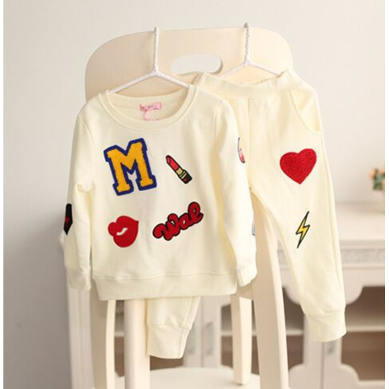 Latest Design Non-hooded Long Sleeves Cute Girl Track Cartoon Alphabet Girl autumn Kids Clothing Sets