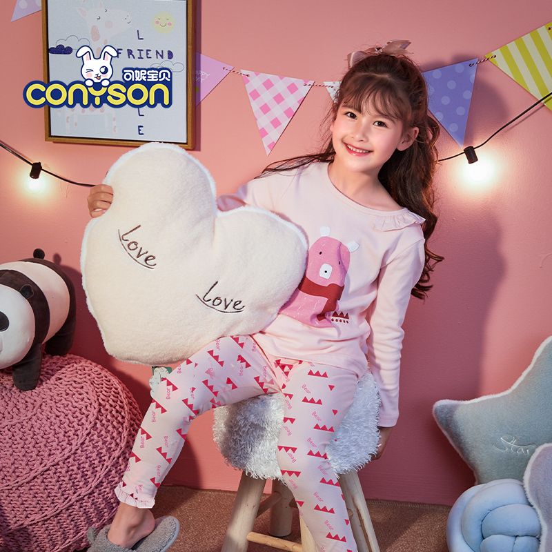 Wholesale Little Girl Cartoon Print Winter Knitted Korean Sleeping Pajama Set Kids