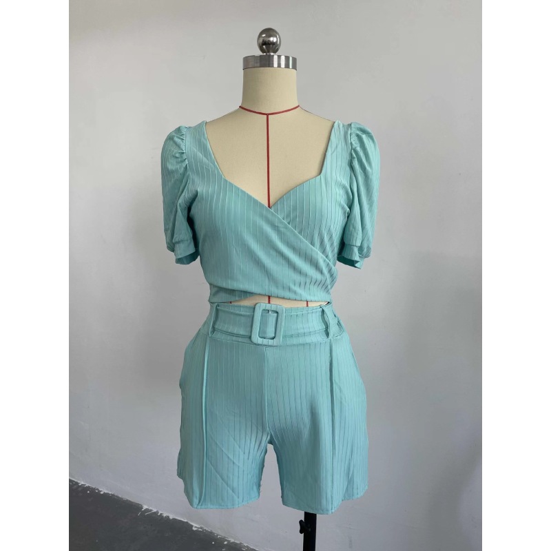 Conyson Spring Fall Clothes Puff Sleeve With Pockets Shorts Set 2 Piece Women Short Sleeve Shirt High Waist Shorts Women's Set