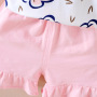 High Quality 2021 summer children popular short sleeve o-neck bowknot baby girls print tops with kid pure color short pants 2pcs