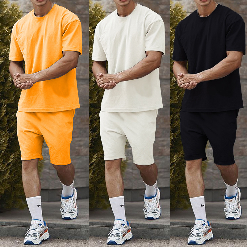 Outdoors plus size men's Custom logo made sport Clothes suit summer solid color man two piece clothing cotton t-shirt short Sets