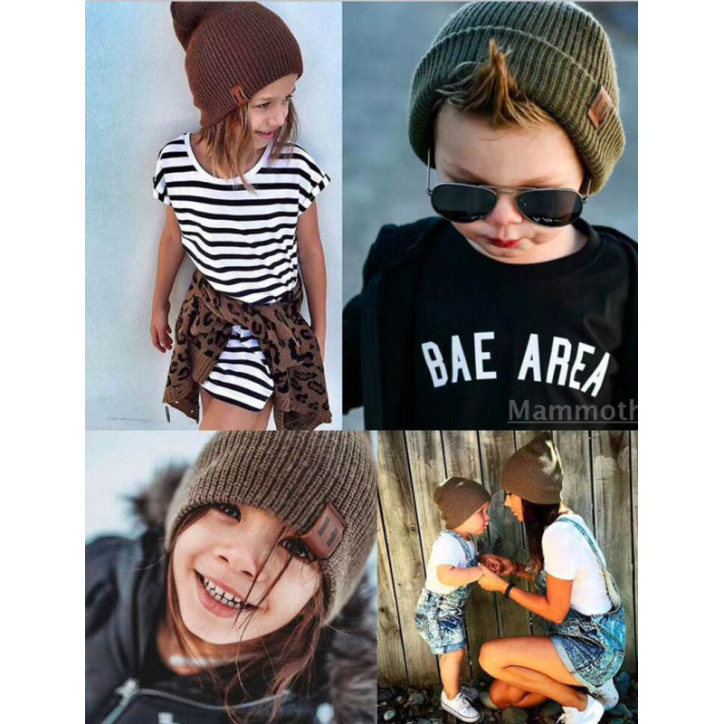 Conyson New Autumn Winter Warm Kids Baby Boys Girls Knit Beanie Adult Children Mommy and Me Hats Newborn with Leather Label