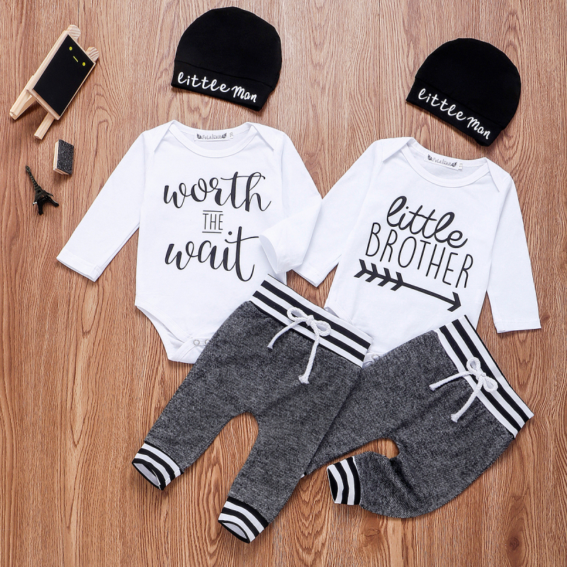 Conyson 0-18Months Newborn Boy Letter Print Clothes Cotton Sets Long Sleeve Romper Pant Hats Outfit 3Pcs Toddle Baby Warm Suits