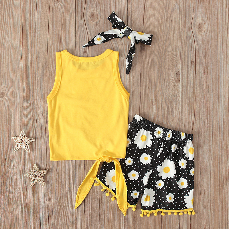 Casual Girl Baby Clothing Sleeveless Patchwork T Shirt Daisy Printed Tassel Shorts Headwear Three Piece Outfits Kids Clothes