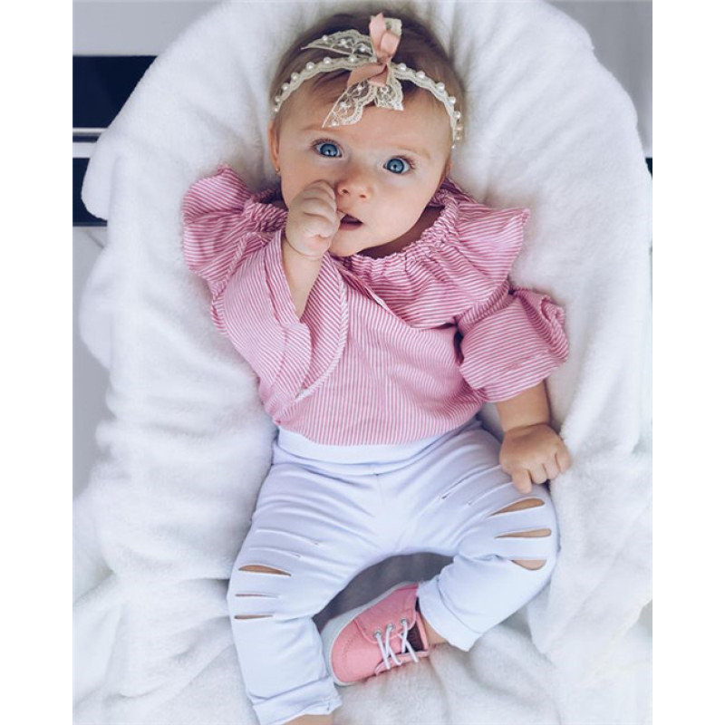 Conyson Girls Clothing Set Girls Off Shoulder Romper +Ripped Jeans Pants Infant Pink Outfits Newborn Clothes Sets