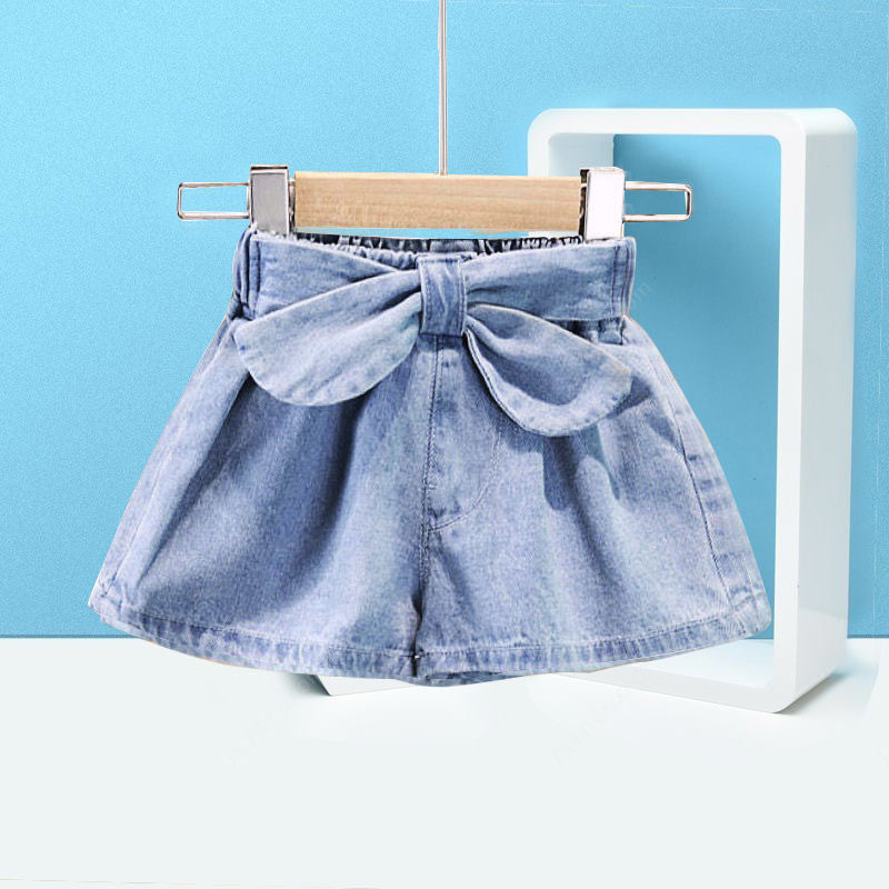 Girls High Waist Big Bow Shorts Kids Clothes Fashion Girl Jeans Children Summer Tie Knot Bow Casual Pants Elastic Children Jeans
