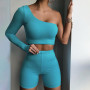 Summer Sports Women Suit Top Off Shoulder Top Two Piece Short Sets Irregular Personality Fitness Tracksuit