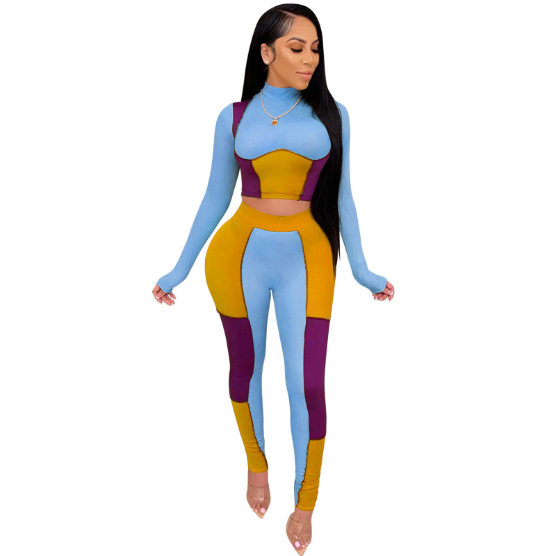 2022 Women Spliced Midriff Baring Top Sets Skinny Shirt Pencil Pants Two Piece Outfits Solid Color Sports Home Suit