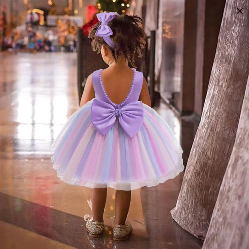 Conyson Hot Wholesale 3-8 Years Old Polyester And Cotton Sweet Style With Head band Little Kids Bowknot Ball Gown Girls Dresses