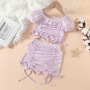 Conyson Wholesale Fashion Toddler Kids Girls Clothes Sets Summer Solid Tie-Up Straps Sleeve Crop Tops + Elastic Waist Ruffles