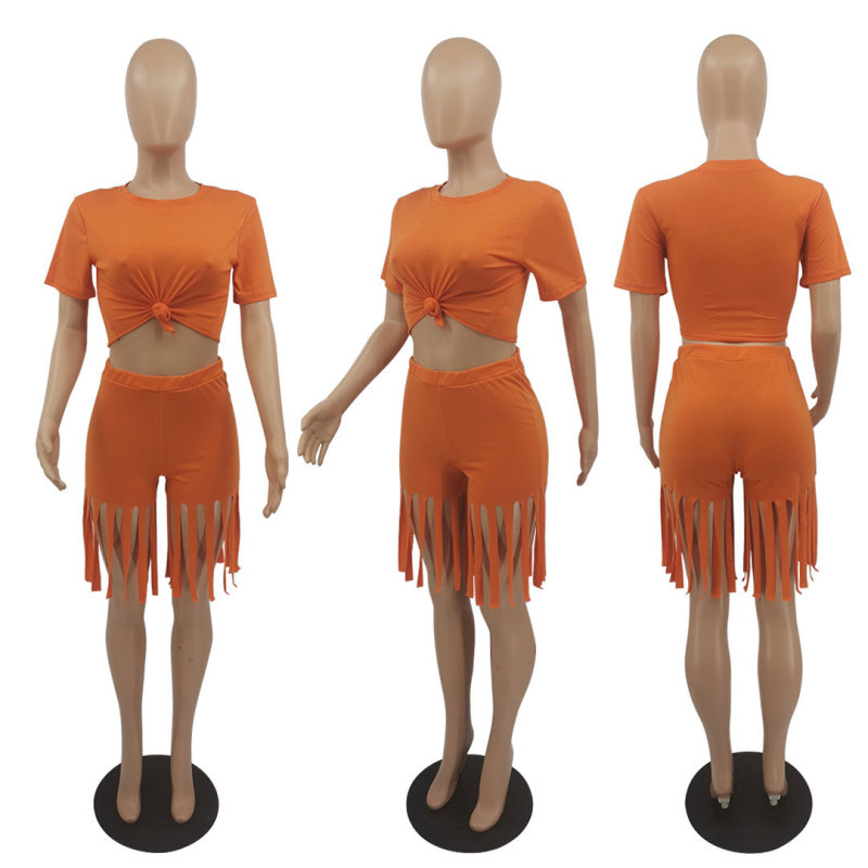 popular fashion summer logo Customized S-5XL women two pieces sport t-shirt tassels shorts suit clothing adult short clothes set